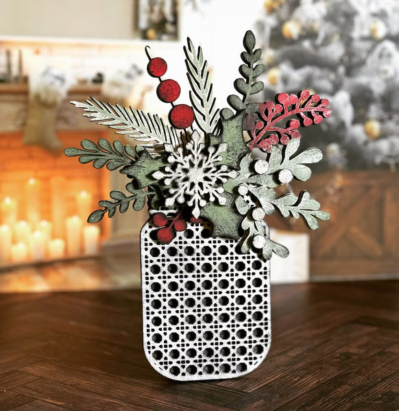 Rattan Christmas Mason “Jar” with florals