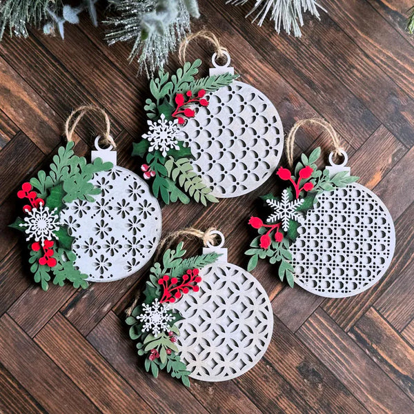 Rattan and Holly Christmas Ornament Set of four